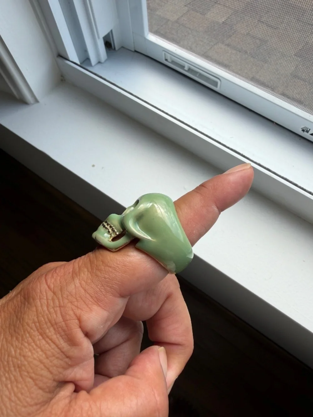 Green Resin Over Silver Skull Ring